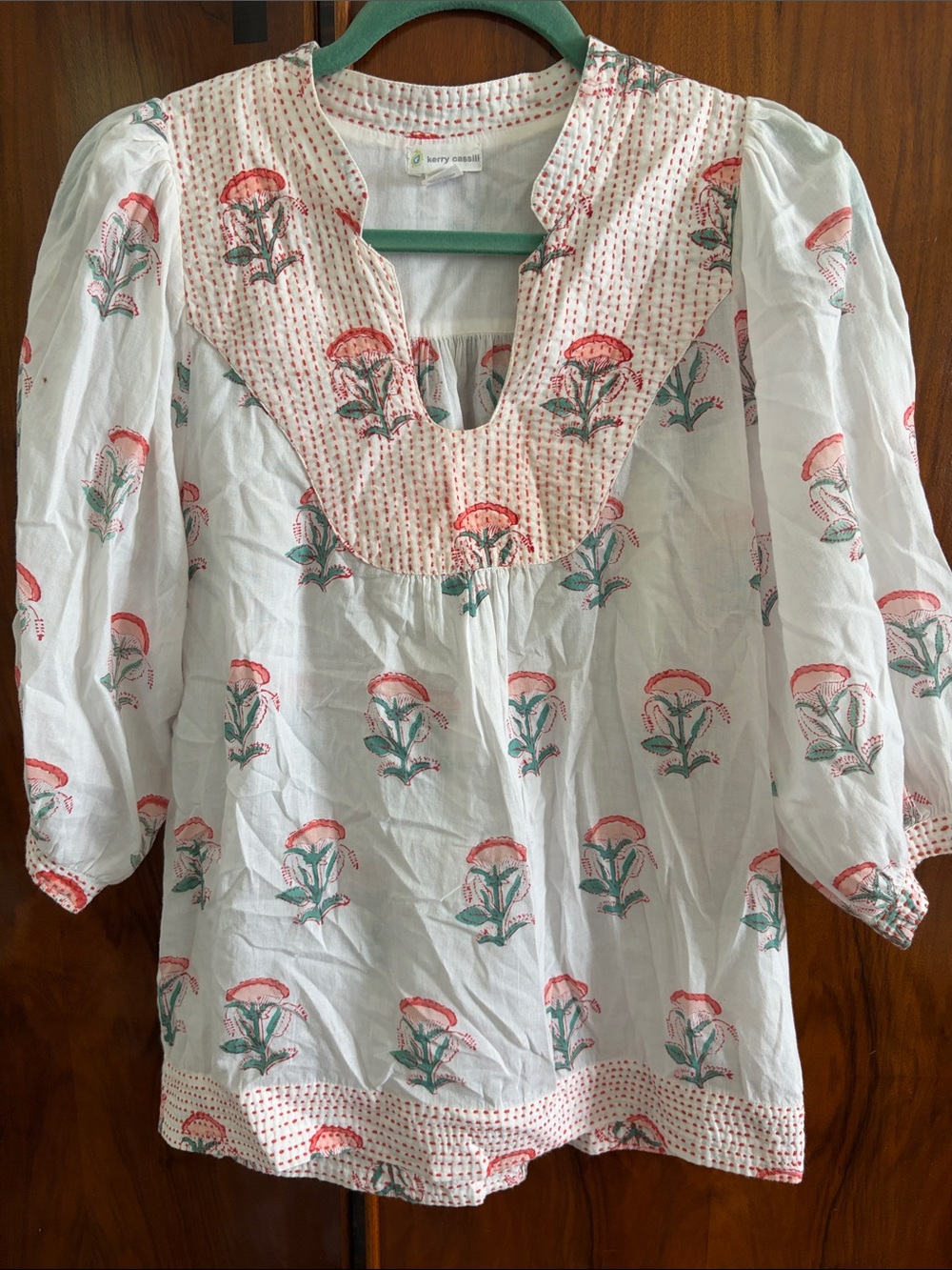 Kerry Cassill White Floral Peasant Tunic with Coral and Teal Print